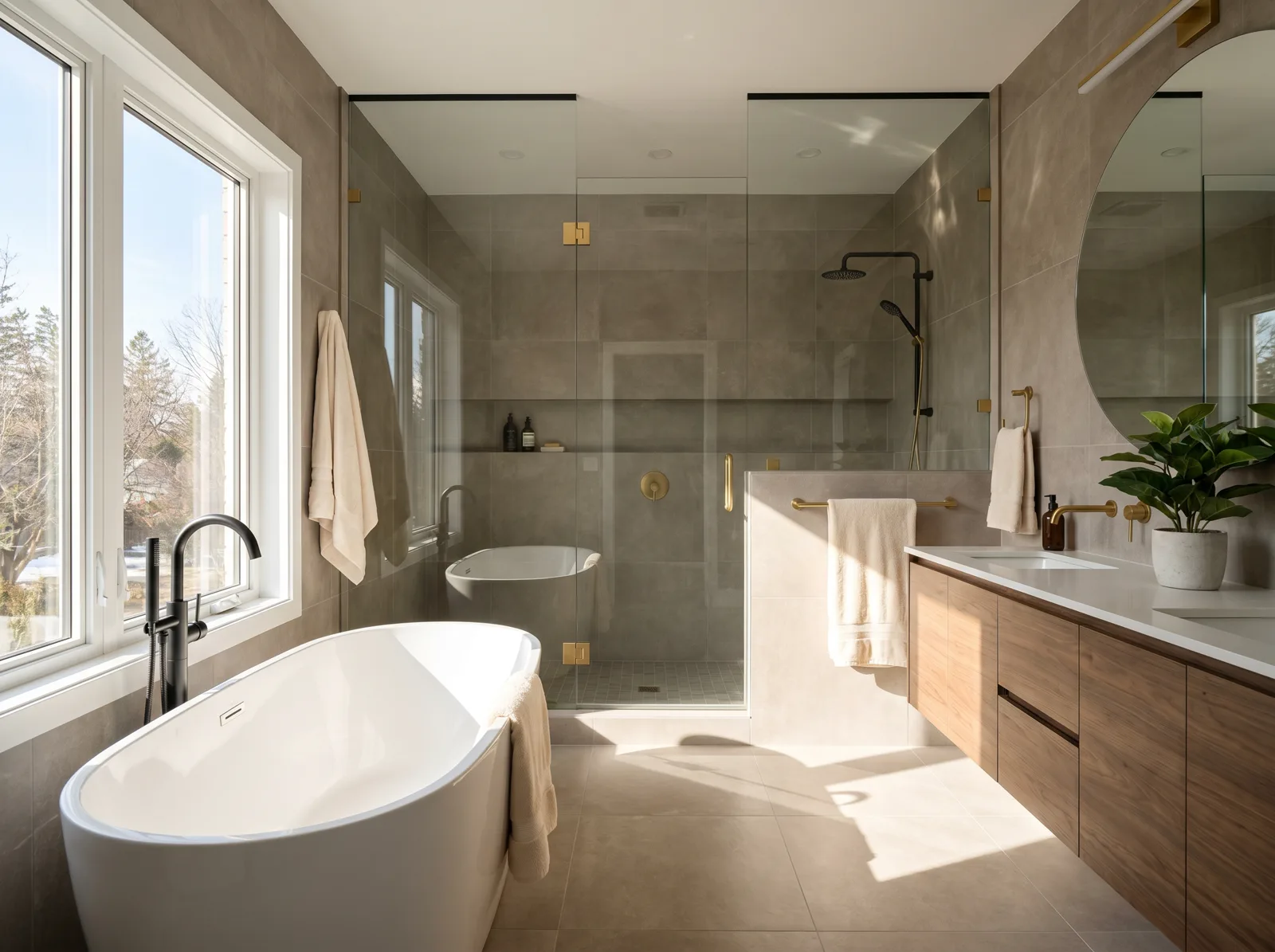 Modern remodeled bathroom with freestanding tub and glass shower