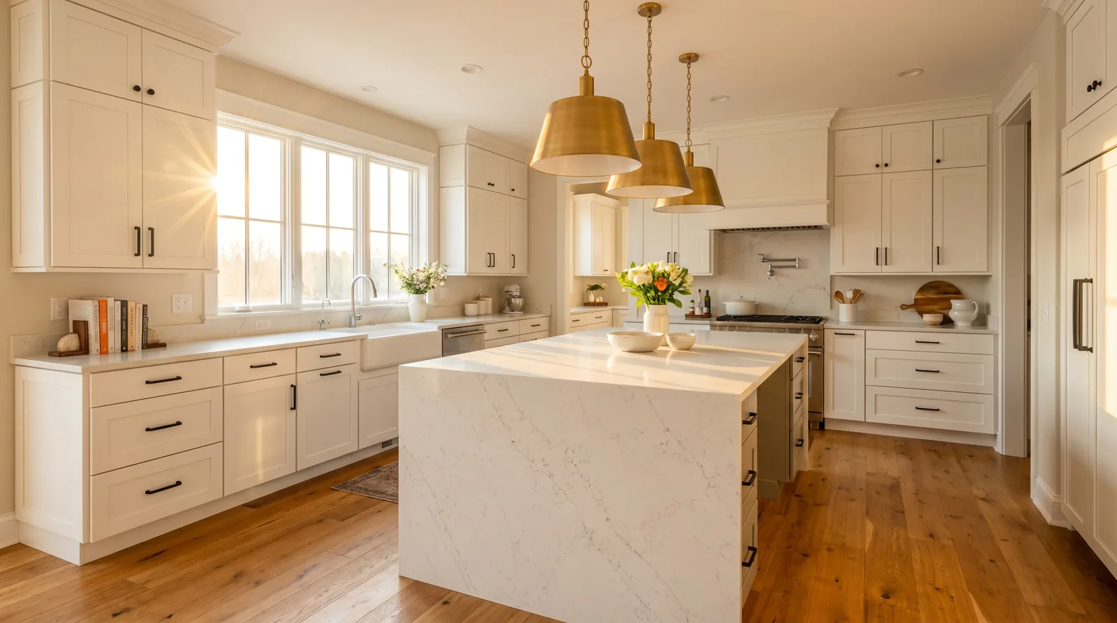 Beautifully remodeled modern kitchen with white cabinets and gold pendant lighting