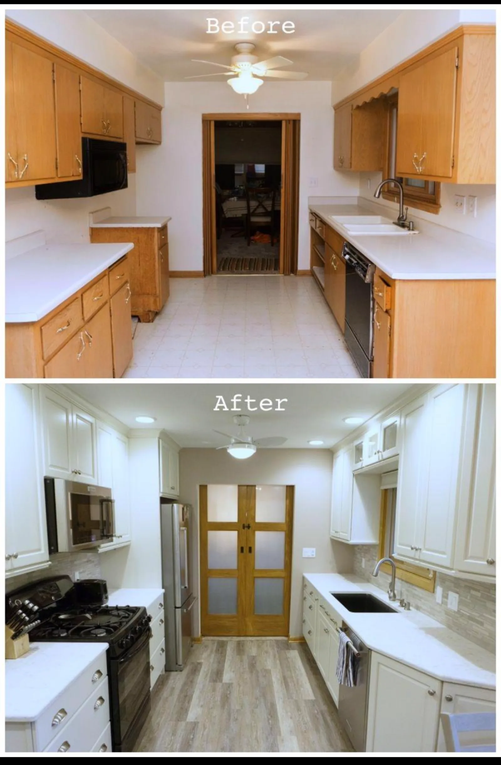Before and after kitchen remodel with new white cabinets, countertops, and flooring