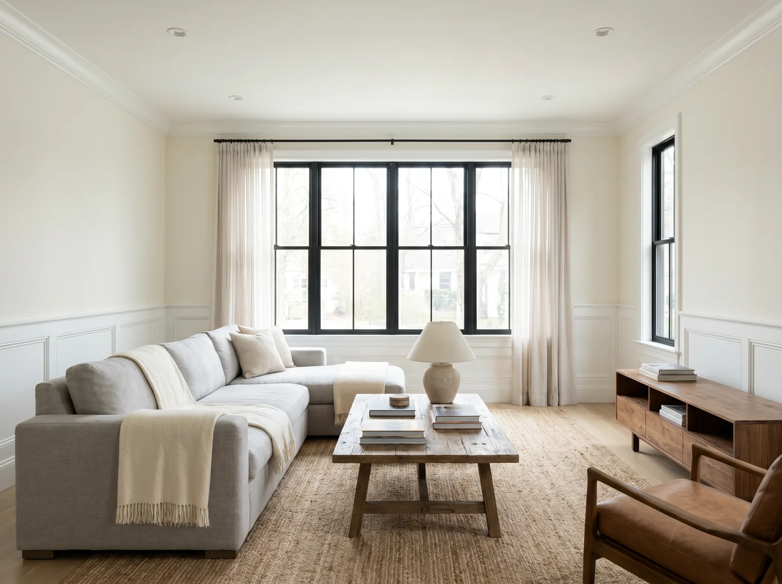 Freshly painted interior living room with crisp white trim