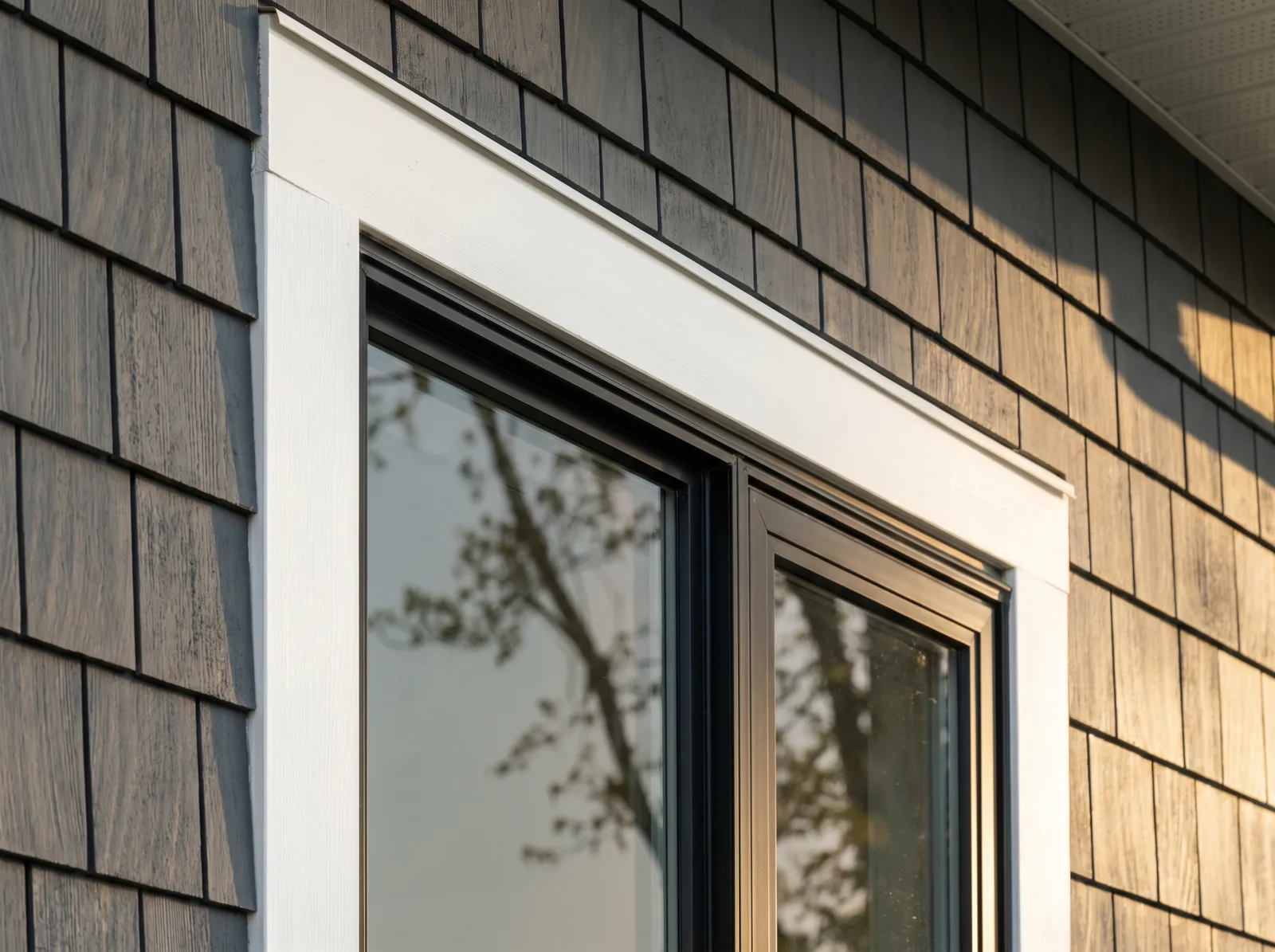 Newly installed black-framed window on a home exterior